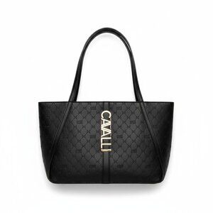 Cavalli Class Sandra Shopper Faux Leather Logo Tote Bag NWT Black Textured